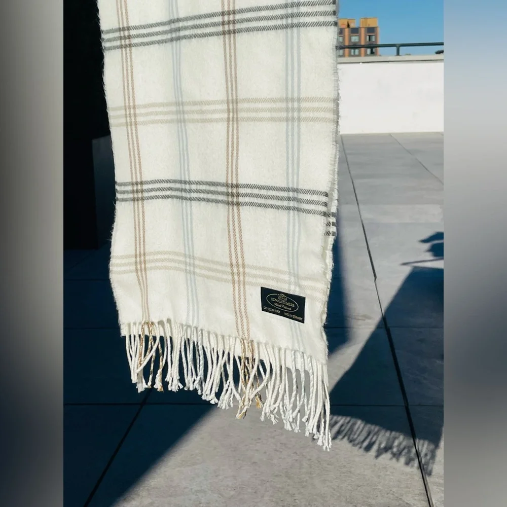 100% CASHMERE European Fringed Plaid Cream Scarf